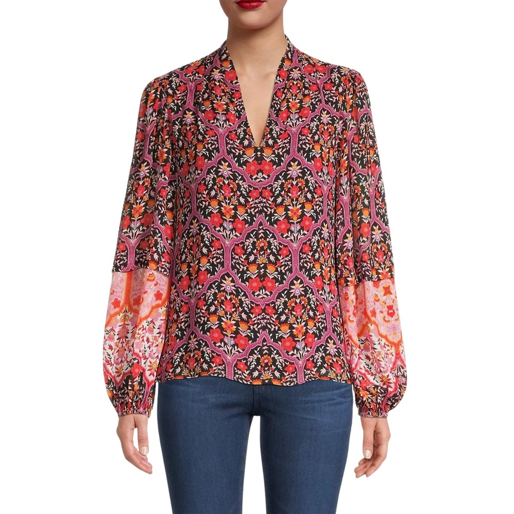 Kobi Halperin Azalea Blouse Womens XS Pink Orange Floral Medallion V-Neck KS3B04